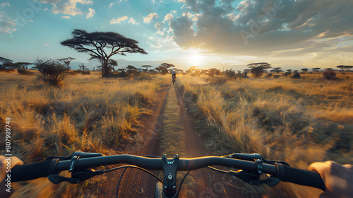 Exploring the Kenyan Savanna: Photo-realistic Image of Cyclist Enjoying an Adventurous Safari Biking Trip with Breathtaking Wildlife Views