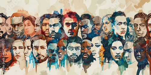 A painting of many faces with a blue background. The faces are of different races and ages. The painting is a representation of diversity and unity
