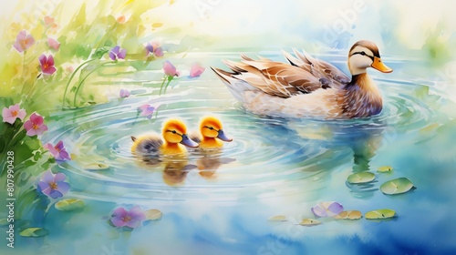 Whimsical watercolor of a mother duck and ducklings paddling in a pond, vibrant reflections and ripples around them, festive and joyful