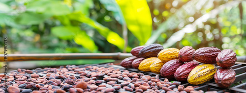 Cocoa fruit (Theobroma cacao), cocoa beans are processed into chocolate, Orange yellow cacao group pod, Harvest the agricultural
