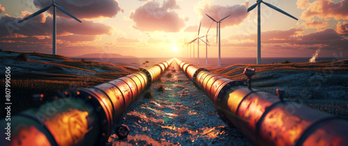 Sunset over pipelines and wind turbines in a scenic industrial landscape