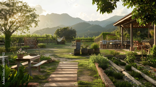 Rustic backyard paradise with mountain backdrop at sunset
