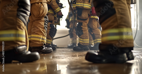 Low angle view of firefighters in protective gear inside a building, focusing on their teamwork during an emergency operation. 
