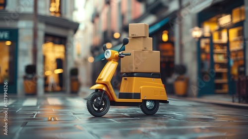 Last-mile delivery concept, scooter delivering cardboard boxes in urban city street, quick efficient reliable convenient affordable