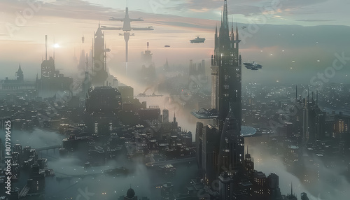 A futuristic cityscape with many buildings and flying objects