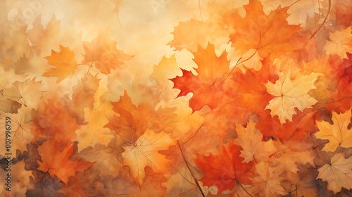 An artistic watercolor background of autumn leaves in oranges, reds, and yellows
