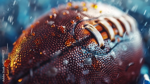 A closeup of American Football Football, against Field as background, hyperrealistic sports accessory photography, copy space