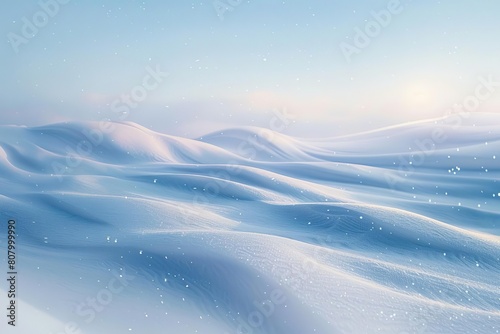 Quiet winter landscape with undisturbed snowdrifts, the light of the setting sun casting a pale blue hue, snowflakes visible in the calm sky