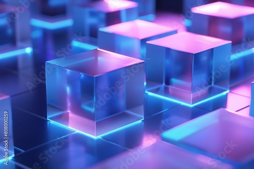 3D Geometric Blocks in Blue Neon Glow