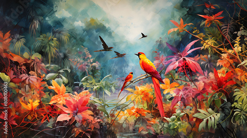 An explosion of watercolor in tropical hues, painting the excitement of a jungle adventure