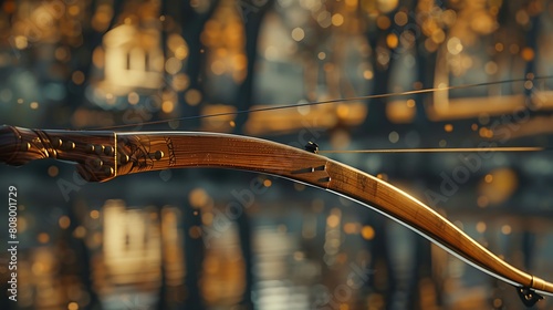 A closeup of Archery Bow, against Range as background, hyperrealistic sports accessory photography, copy space