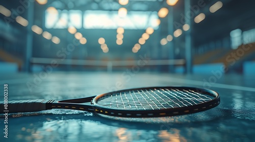 A closeup of Badminton racket, against Court as background, hyperrealistic sports accessory photography, copy space