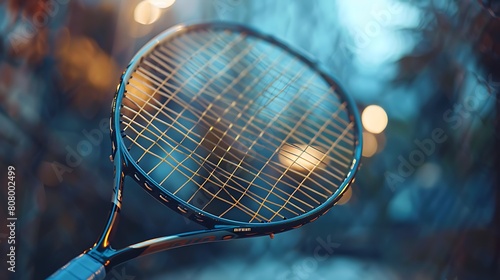 A closeup of Badminton racket, against Court as background, hyperrealistic sports accessory photography, copy space