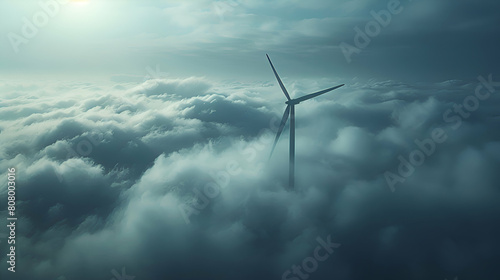 Photo realistic windmill icon with clouds representing the impact of wind energy on reducing greenhouse gas emissions