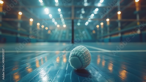 A closeup of Badminton Shuttlecock, against Court as background, hyperrealistic sports accessory photography, copy space