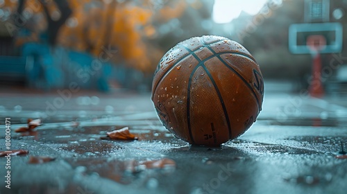 A closeup of Basketball, against Court as background, hyperrealistic sports accessory photography, copy space