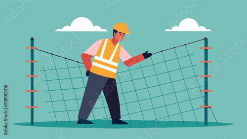 A worker securing a cable tie to connect sections of netting creating a seamless barrier around the entire building site.. Vector illustration