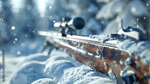 A closeup of Biathlon Cross-country ski, Rifle, against Varies as background, hyperrealistic sports accessory photography, copy space