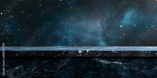 Sleek black granite tabletop with a blurred background of starry night sky, perfect for high-end product placements or luxury goods