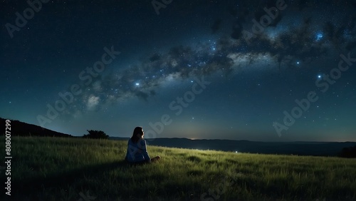 Man sitting on the grass and watching the milky way at night