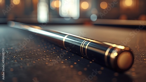 A closeup of Billiards Cue stick, against Table as background, hyperrealistic sports accessory photography, copy space