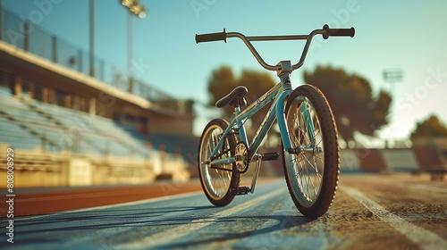 A closeup of BMX bike, against Track as background, hyperrealistic sports accessory photography, copy space