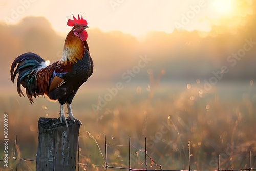 A proud rooster perched on a fence post crows loudly at the break of dawn its scarlet comb glowing red in the first rays of sunlight