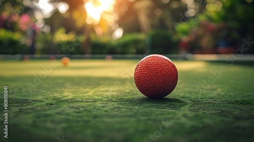 A closeup of Bocce ball, against Court as background, hyperrealistic sports accessory photography, copy space