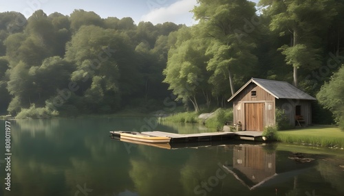 A tranquil lakeside with a rustic boathouse upscaled 4