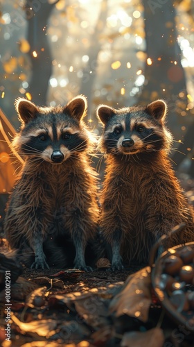 Raccoons rummaging through a campground, night-time adventurers in the wild.