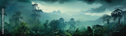 Enigmatic Misty Panorama of a Tropical Rainforest