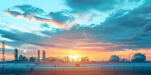 Sunset view of industrial pipelines at a refinery plant for energy production. Concept Industrial Infrastructure, Energy Production, Sunset Photography, Refinery Plant, Industrial Pipelines