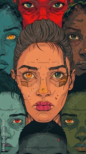 A woman with glowing eyes and scars on her face stands in front of a group of faceless people.