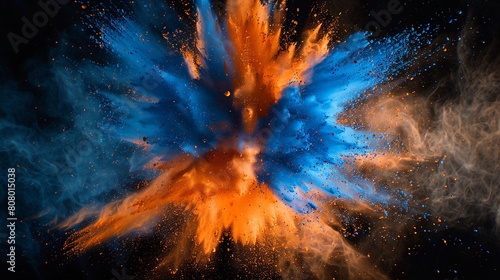 A powerful explosion of cobalt blue and fiery orange powder, mirroring the vibrant clash of fire and ice, with the stark contrast illuminated against the darkness.
