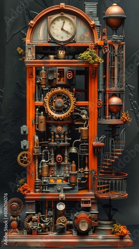This is aampunk style artwork. It features a large clock with intricate gears and mechanisms. The clock is made of metal and has a steampunk aesthetic.