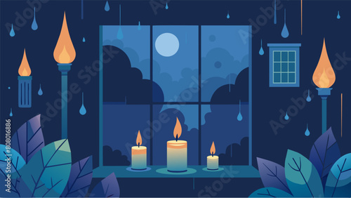 The calming sound of rain outside accompanied by the soft flicker of candles creating a peaceful environment for stretching.. Vector illustration