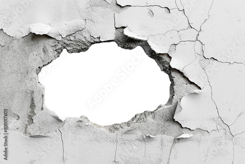 hole breaking through old grey cracked concrete wall. white background. cut out.