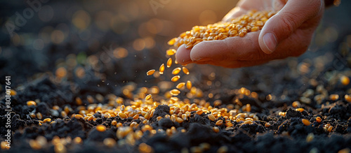 A hand sows wheat into the ground. The photo can be used to illustrate the gospel parables