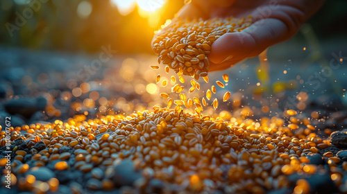 A hand pours wheat into the ground. The photo can be used to illustrate the Gospel parable of the sower
