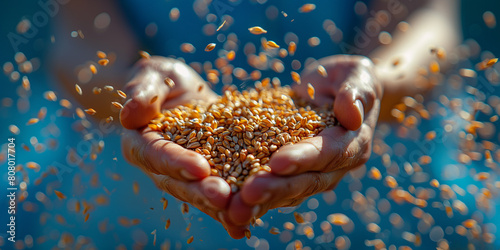 Hands hold a pile of wheat grains on a blue background. The photo can be used as an illustration of the Gospel parable of the sower.