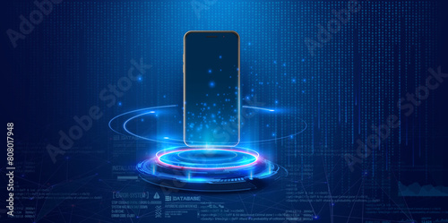 Advanced Technology Concept with Smartphone and Glowing Data Stream. Smartphone integrated with advanced technology, emitting a radiant data stream on a futuristic blue digital background. Vector