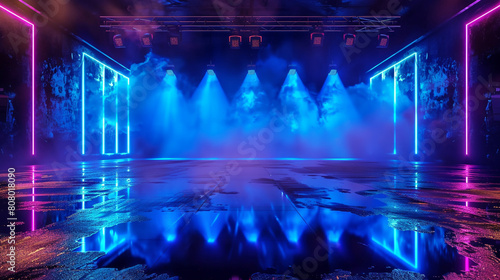Empty stage lit by neon cobalt blue lights, reflecting on wet ground, smoky background.