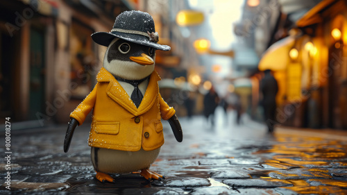 Dapper penguin struts through city streets in tailored elegance, embodying street style.