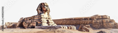 A large statue of a pharaoh is in the desert