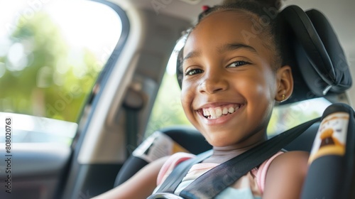 a joyful girl seated in a child car seat, smiling happily and securely fastened with a seatbelt, ensuring safe and enjoyable travels for young passengers