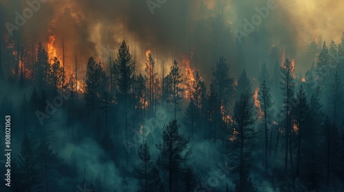 a forest fire, with towering trees engulfed in flames against a backdrop of smoke-filled skies. The intensity of the blaze underscores the urgent need for environmental awareness and action