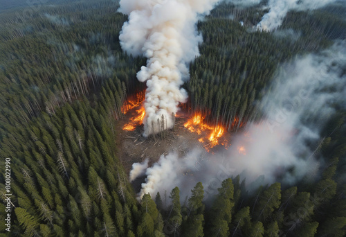 Aerial view of the burning forest