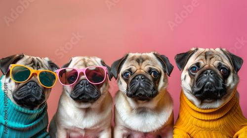 Creative animal concept. Group of pug dog puppy friends in sunglass shade glasses isolated on solid pastel background, commercial, editorial advertisement, copy text space.