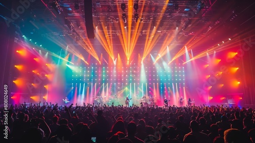 Photo of a concert stage with colorful lights and dancing crowd, capturing the energy and excitement of live music events Web banner with empty space on the right hand side