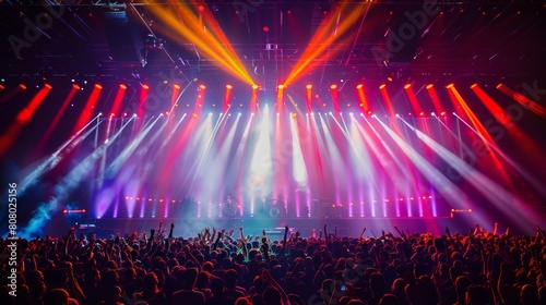 Photo of a concert stage with colorful lights and dancing crowd, capturing the energy and excitement of live music events Web banner with empty space on the right hand side